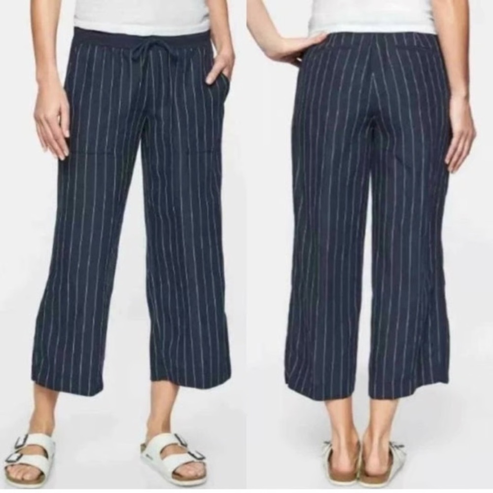 Athleta Bali Linen Wide Leg Cropped Pants sz 6 Seaside Stripe Navy White Culotte